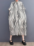 Raglan Sleeve Oversize Zebra-stripe Split-joint Lapel Midi Dresses Shirt Dress