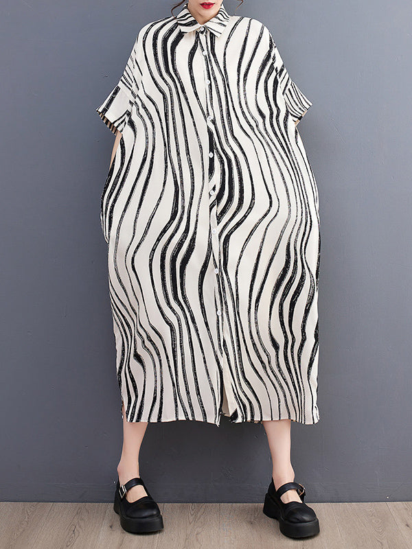 Raglan Sleeve Oversize Zebra-stripe Split-joint Lapel Midi Dresses Shirt Dress