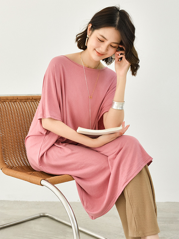 Batwing Half Sleeves Color Round-neck Midi Dresses