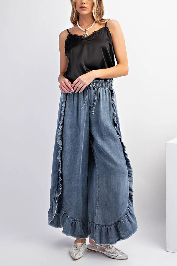 Color Ruffled Elastic Waist Tie Loose Denim Flared Pants