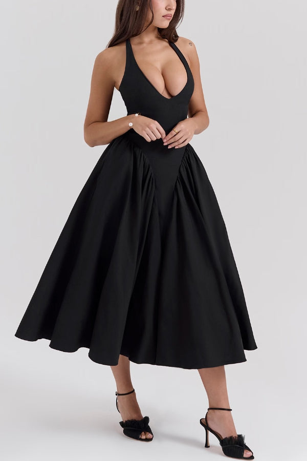 Halter Deep V Neck A-line Midi Dresses