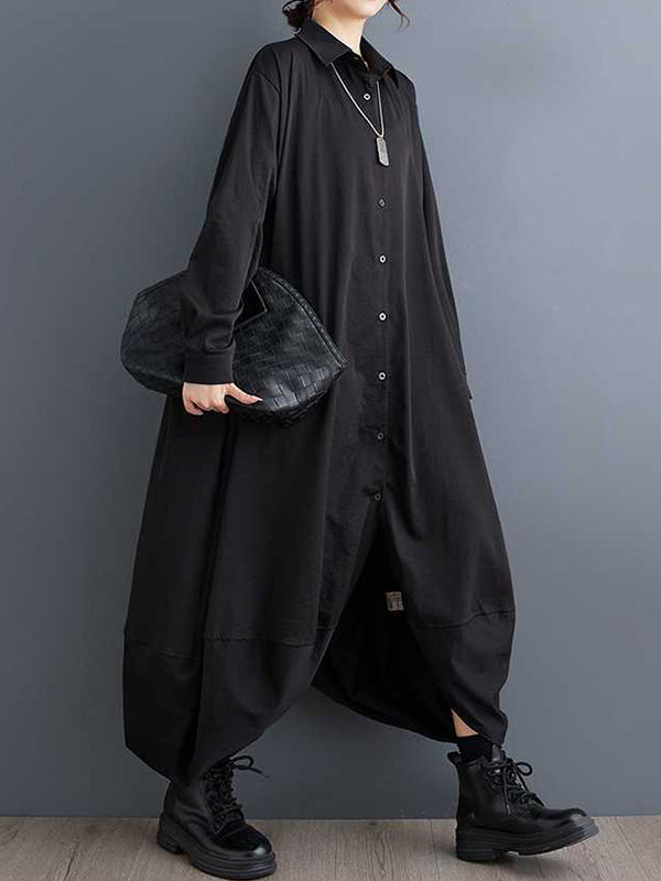 A-line Long Sleeves Buttoned Pockets Color Split-joint Lapel Midi Dresses Shirt Dress
