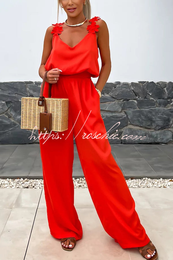 Color Embroidered Flower Suspenders Loose Jumpsuit