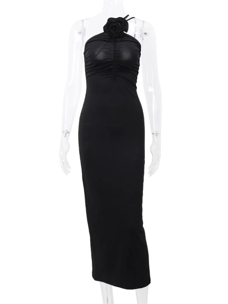 Flower Bodycon Maxi Dresses for Folds Slim Black Sundress ’s Backless Party Temperament Dresses Woman