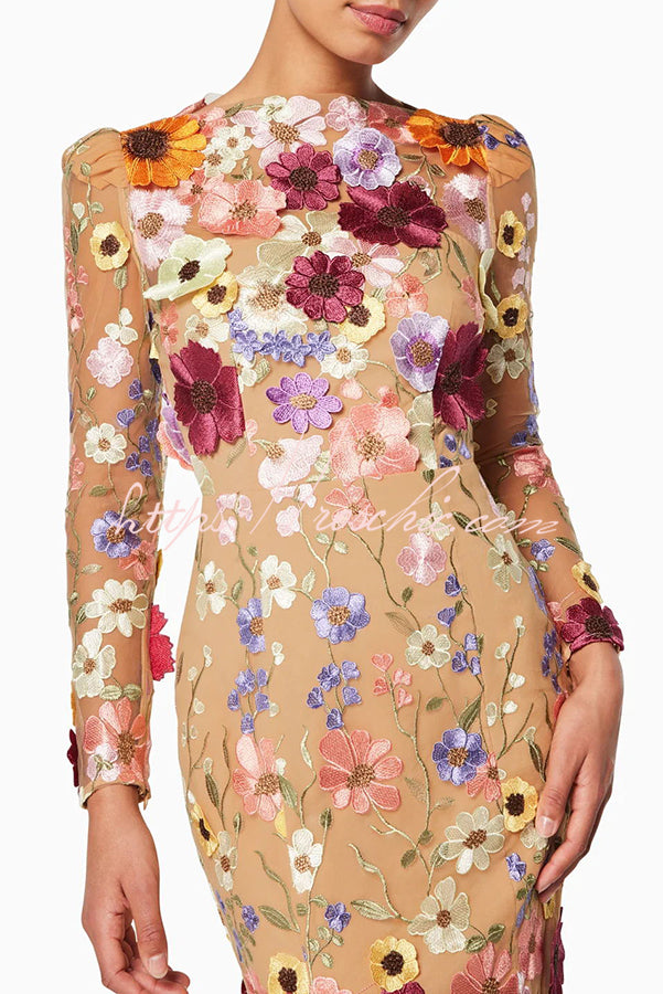 Dignified and Refined Charm Embroidered Applique Long Sleeve Fish Tail Midi Dress