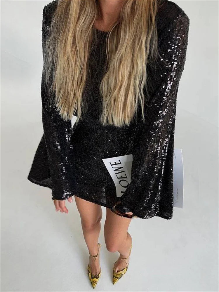 Sequin Autumn Mini Dress Female Glitter See-through Long Sleeve Club Party Dress Sparkle Dress