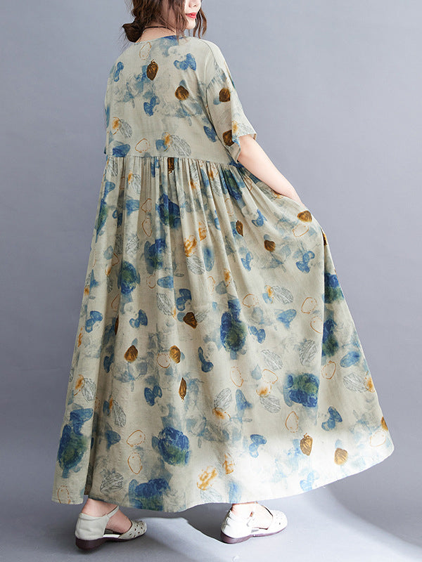 Artistic Retro Loose Printed Pleated Vacation Midi Dress