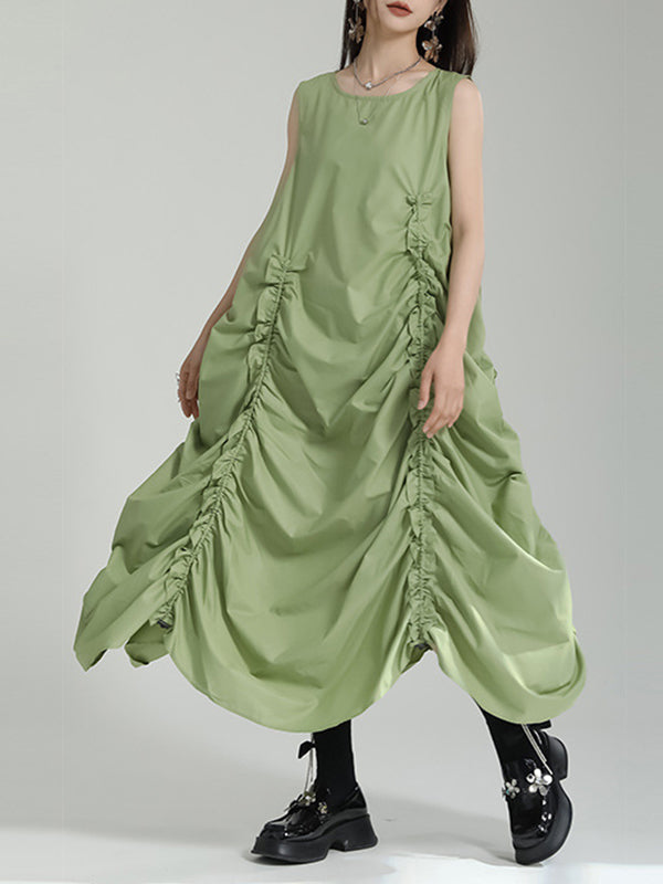 Loose Sleeveless Asymmetric Elasticity Pleated Color Round-neck Midi Dresses