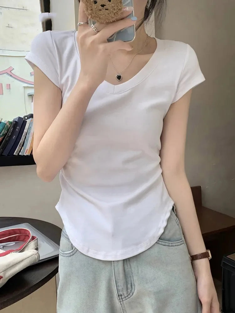 Summer New Color Slim ’s T-shirt Loose Basic T-shirt Woman Black White Gray Simple Top Female