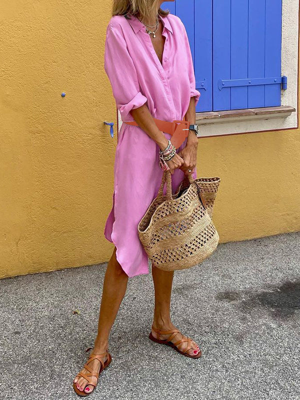 Half Sleeves Loose Buttoned Color Split-side Lapel Midi Dresses Shirt Dress