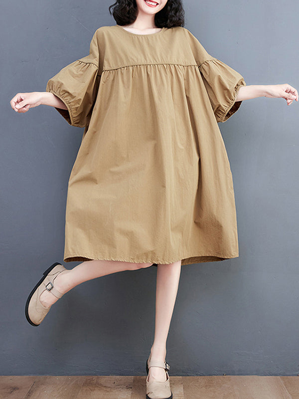 Loose Short Sleeves Color Round-neck Midi Dresses