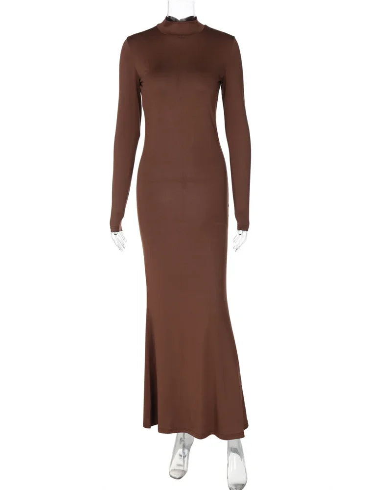 Skinny Turtleneck Backless Maxi Dress ’s Patchwork High Waist Hollow Out Party Dress Female Long Dress