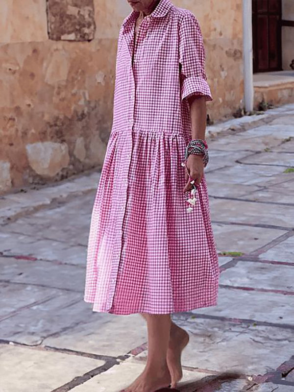 Long Sleeves Loose Buttoned Plaid Pleated Pockets Split-joint Lapel Midi Dresses