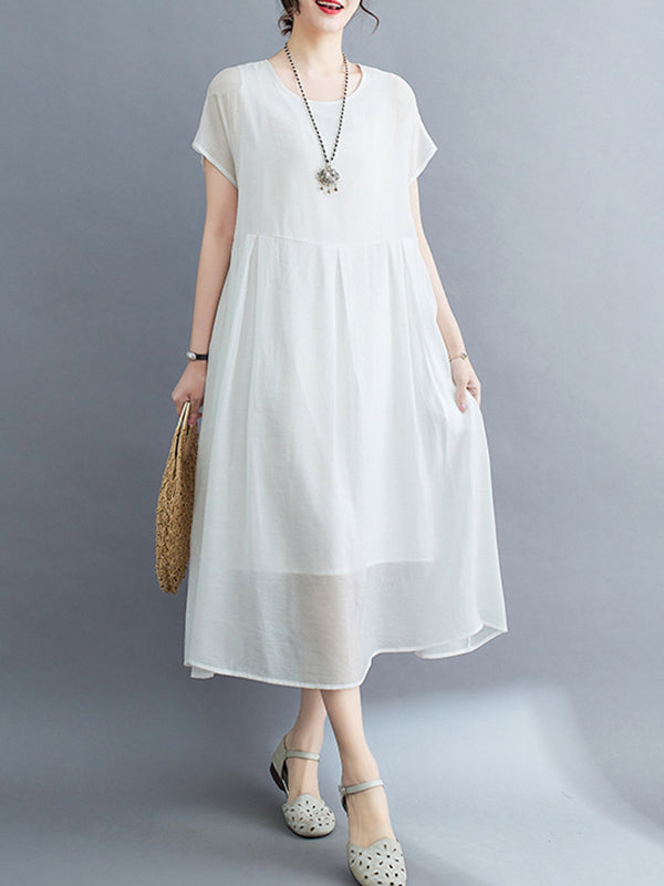 Loose Short Sleeves Color Split-joint Round-neck Midi Dresses