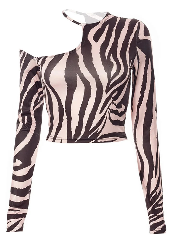 ’s T-shirt Long Sleeve Strapless Irregular Zebra Print Top Spring New Product Short Top Y2k Tees Newgirls