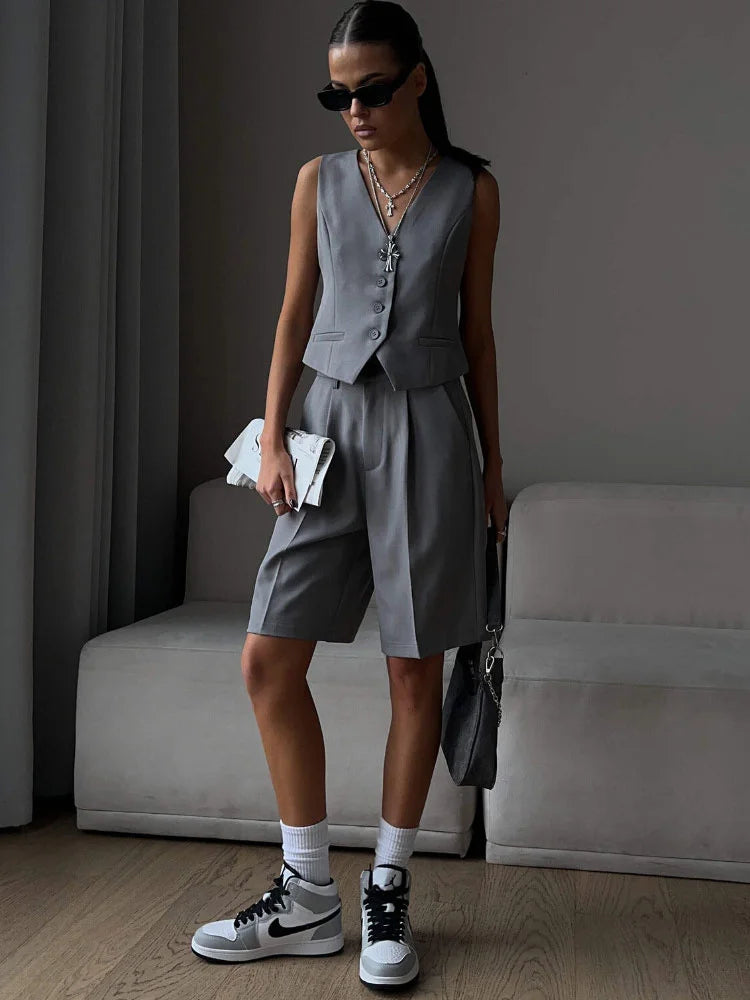 V-neck Sleeveless Female 2 Piece-set Slim Straight Trousers Pocket High Street Outfits Shorts Sets