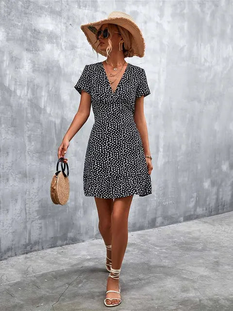 Summer Short Dress V Neck Print Party Dress Flower Mini Dress for