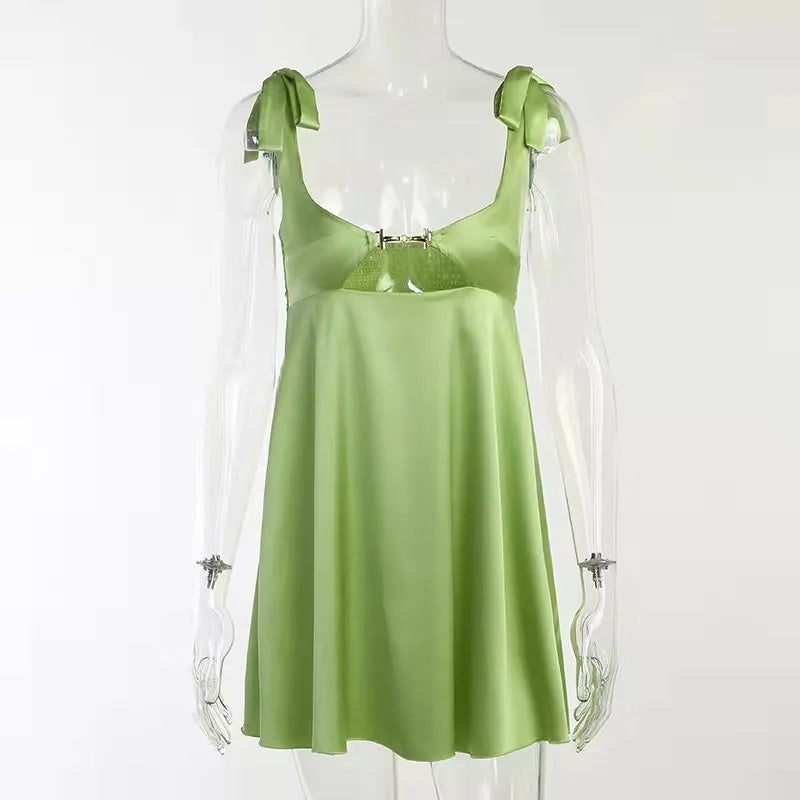 Bandage Satin Dress Party Backless Sleeveless Loose Dresses Hollow Out Mini Dress Woman New