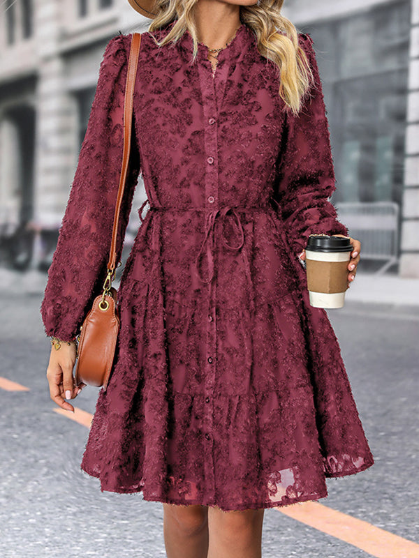 A-line Long Sleeves Buttoned Elasticity Jacquard Pleated Color Tied Waist Stand Collar Mini Dresses