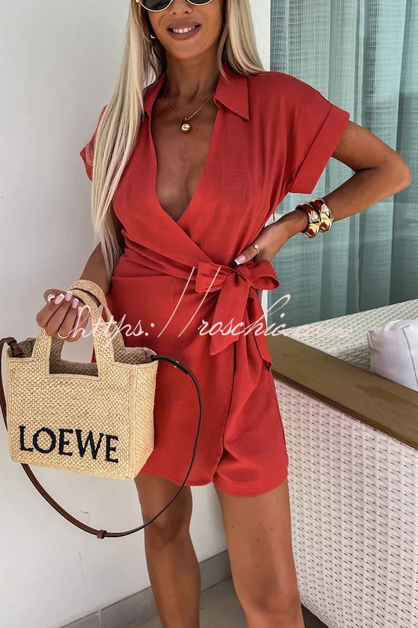 Relaxing Beach Linen Blend Color Wrap Loose Shirt Romper