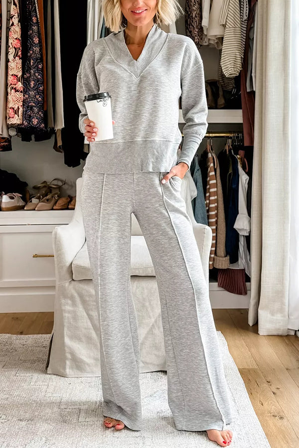 Weather Gets Cold Color V-neck Top and Elastic Waist Pocketed Lounge Pants Set