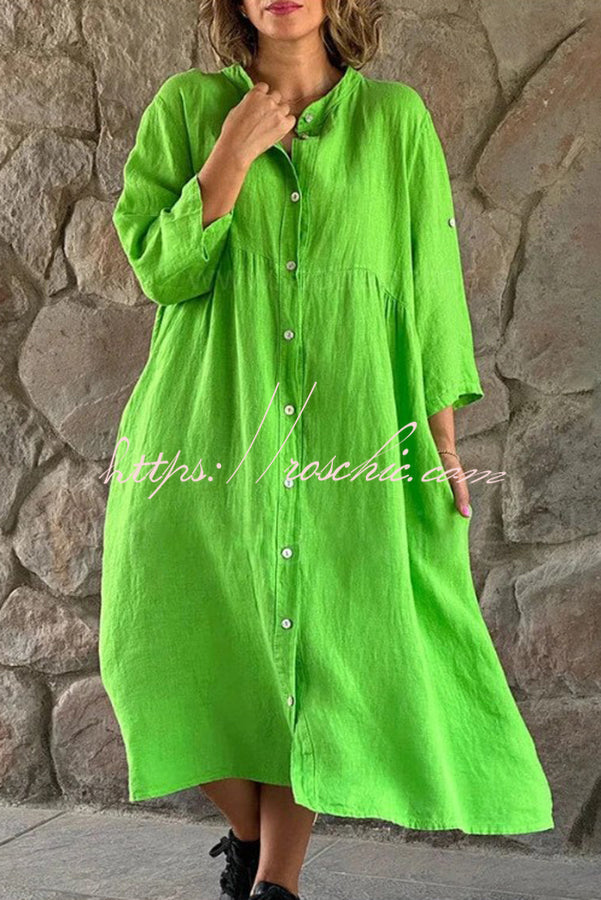 Mindful Cotton Blend Color Button Midi Dress