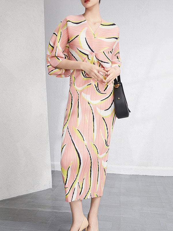 Urban Loose Batwing Sleeves Printed Pleated V-neck Midi Dresses