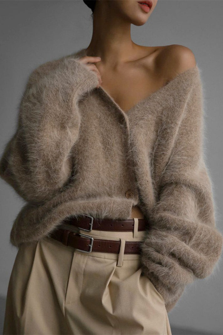 V-neck Fluffy Knit Cardigan Sweater