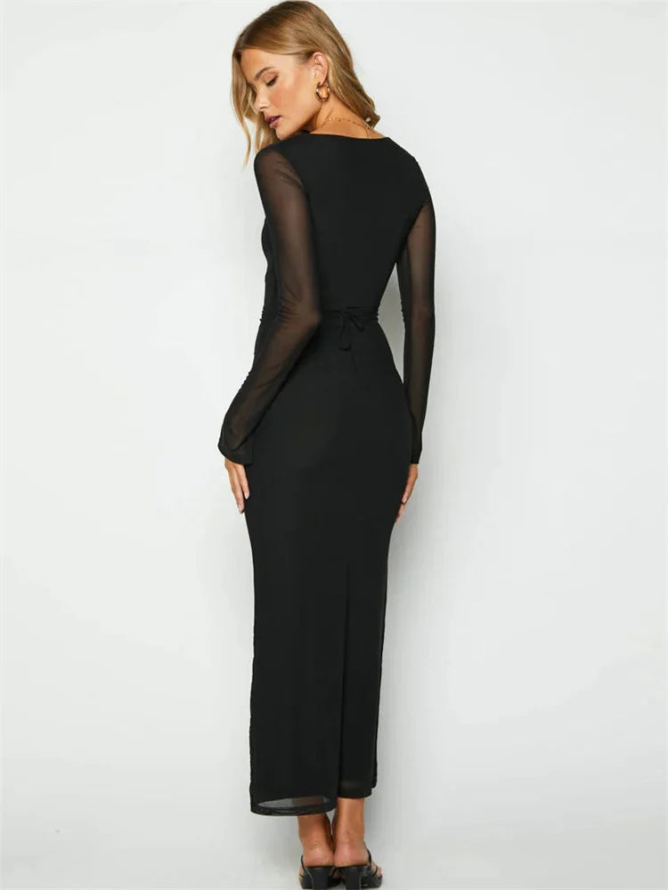 Mesh Lace-up Hollow Out Maxi Dress – V-neck Bandage Party Dress