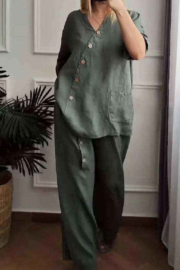 Color Cotton and Linen Cropped Top & Wide Leg Pants Two-piece Set