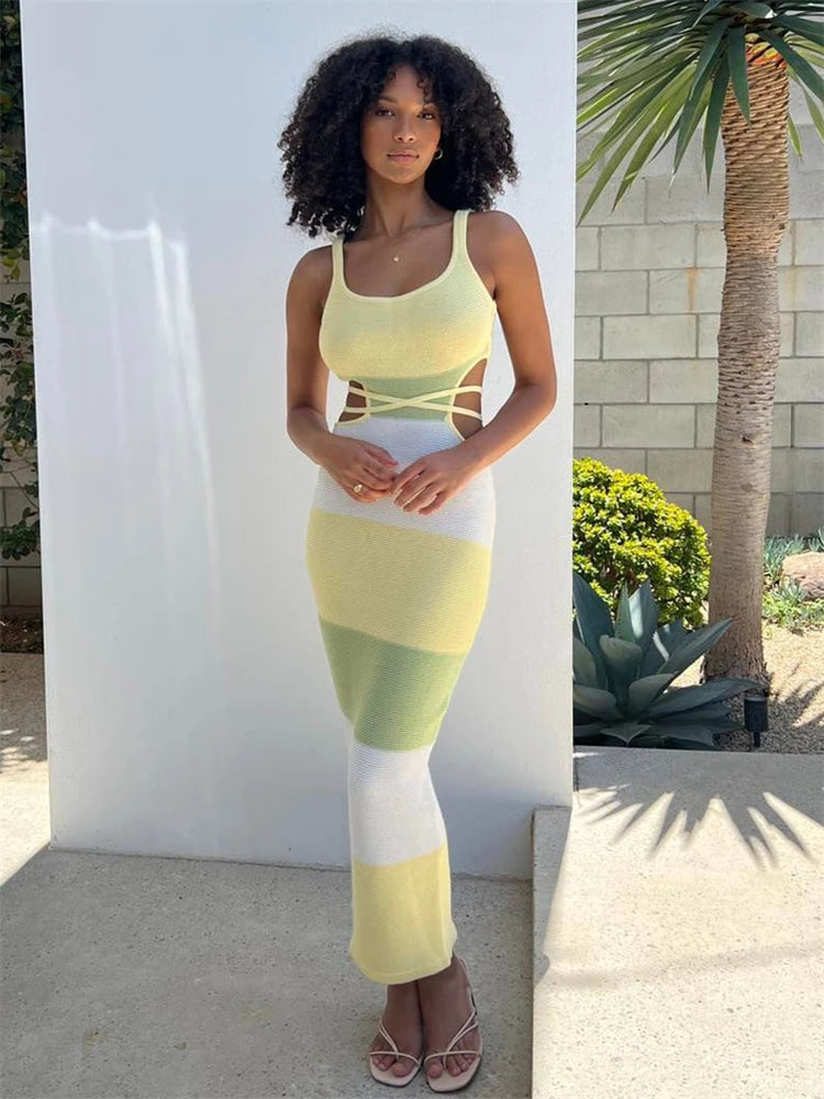 Stripe Knitted Backless Bodycon Dress Bandage Contrast Color Spaghetti Strap Long Dresses Party Beach Summer