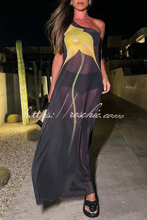 Dalia Tulle See Through Print One Shoulder Vacation Maxi Dress