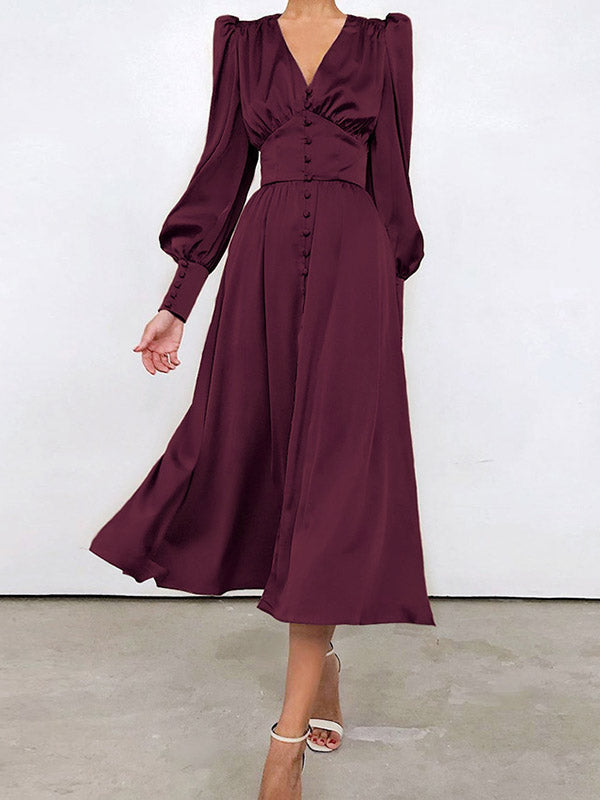 A-line High Waisted Buttoned Pleated Color V-neck Midi Dresses