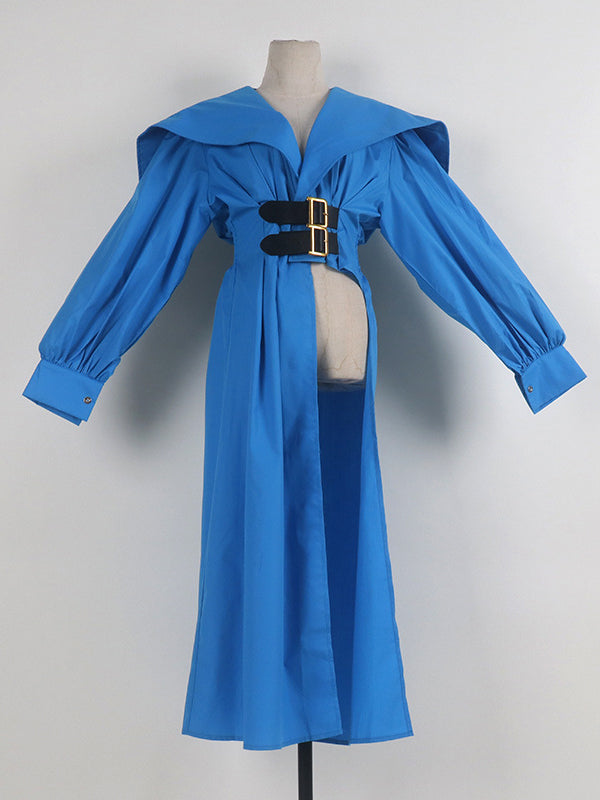 High Waisted Long Sleeves Asymmetric Belted Pleated Color Lapel Midi Dresses