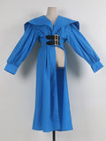 High Waisted Long Sleeves Asymmetric Belted Pleated Color Lapel Midi Dresses