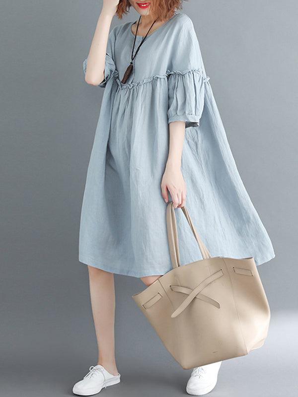 Artistic Retro Loose Falbala Color Pleated Midi Dress