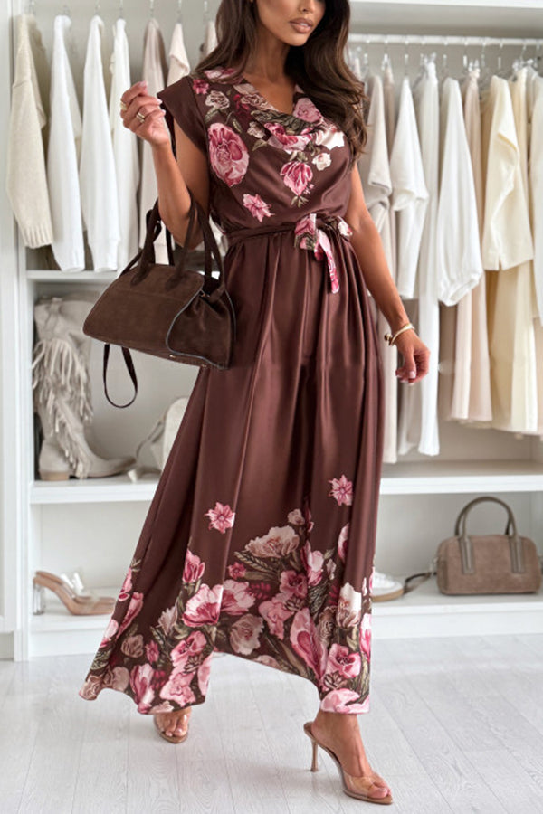 Print V-neck Sleeveless Waisted Midi Dress
