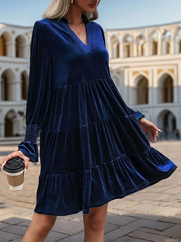 A-line Long Sleeves Pleated Color Velvet V-neck Mini Dresses