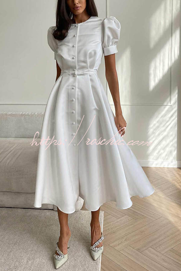 And Classy Vibe Puff Sleeve Pearl Button Slit Midi Dress