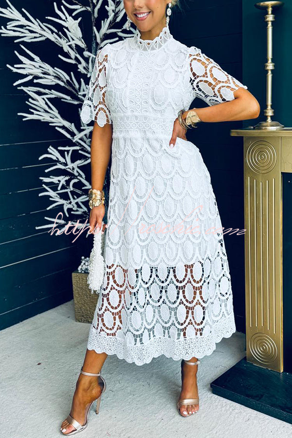 Crocheted Cutout Lace Short-sleeved Stand-collar Midi Dress