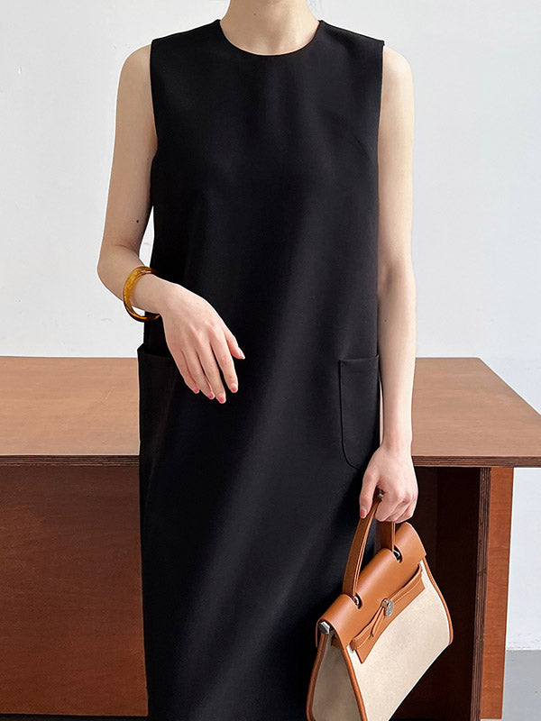 High Waisted Loose Pockets Color Split-back Zipper Round-neck Midi Dresses
