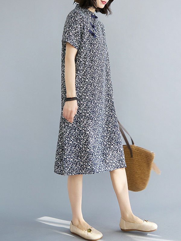 Artistic Retro Printed Stand Collar Short Sleeves Cheongsam Midi Dress