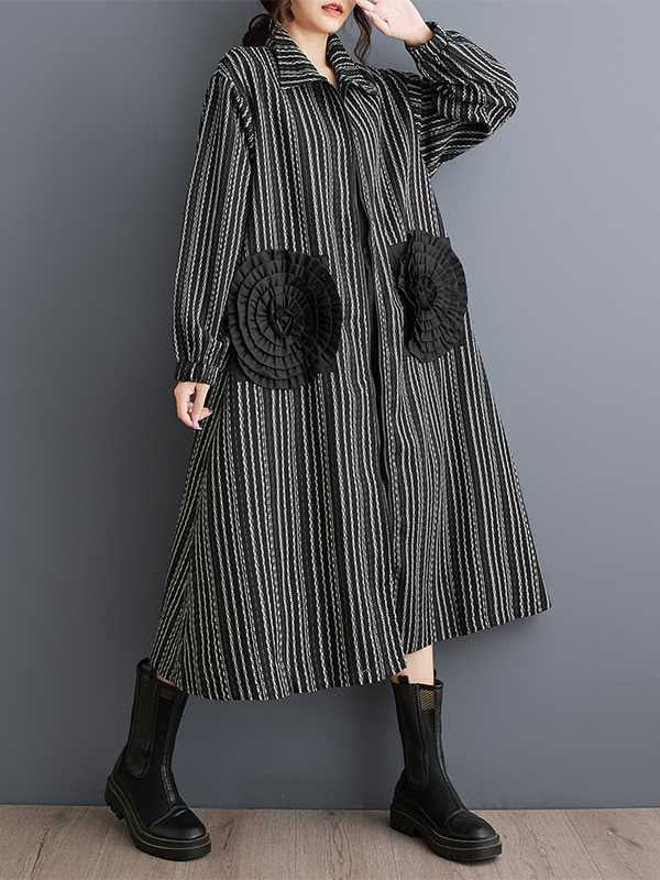 A-line Long Sleeves Elasticity Pockets Striped Zipper Lapel Midi Dresses