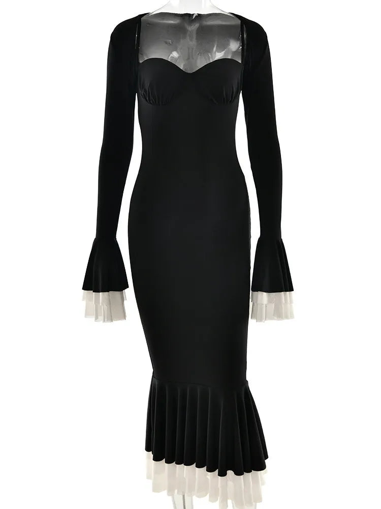 Long Flared Sleeve Elastic Tight Two-piece Set Autumn/winter New Party Club Evening Dress
