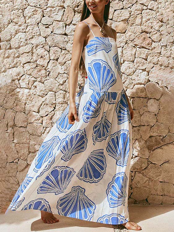 Holiday Ocean Shell Print Sling Maxi Dress