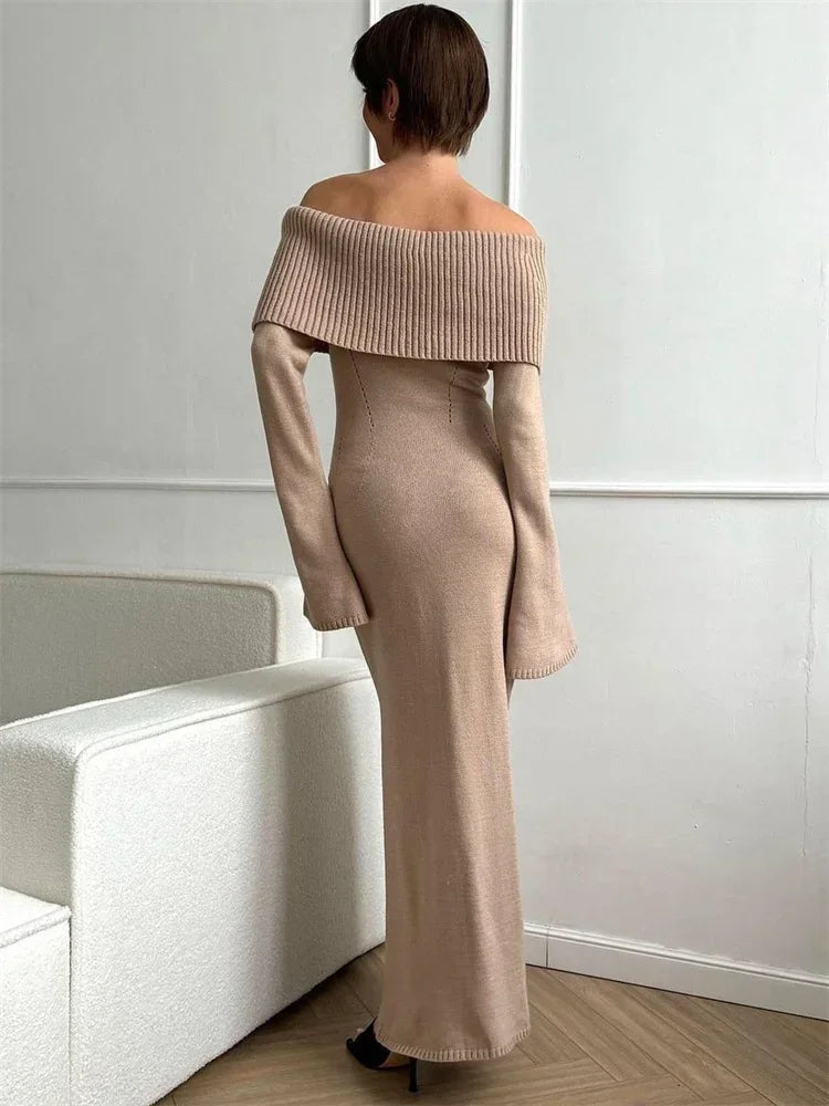 White Autumn Knit Sweater Long Dress Ribbed High Waist Off-shoulder Loose Party Dress Female Knitwear Dress