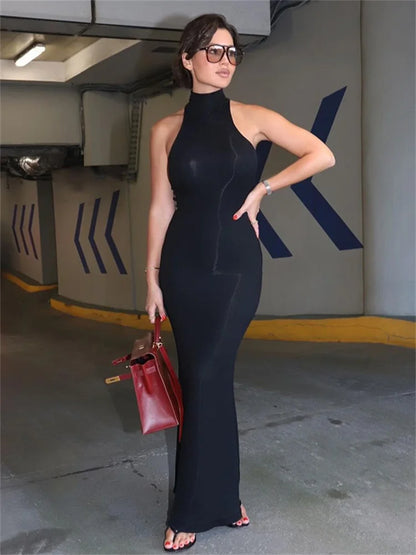 Black Turtleneck Slim Maxi Dress for High Waist Slim Summer Patchwork Party Dress ’s Long Dress