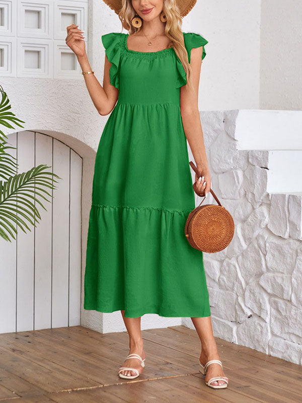 A-line Loose Elasticity Pleated Ruffled Color Split-joint Off-the-shoulder Midi Dresses