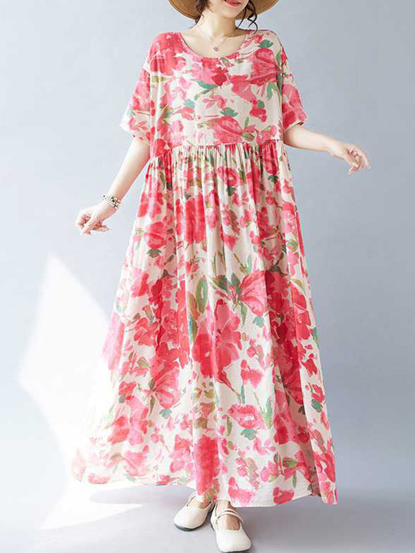 A-line Batwing Sleeves Flower Print Pleated Split-joint Round-neck Midi Dresses