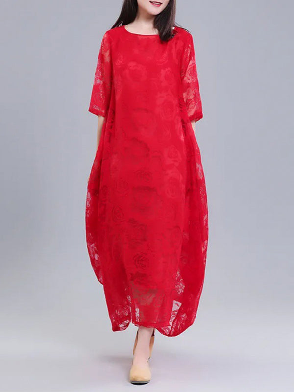A-line Half Sleeves Flower Print See-through Color Round-neck Midi Dresses